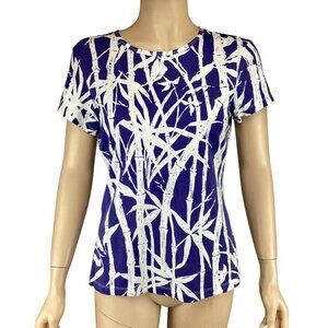J. McLaughlin‎ Top Size Small Bamboo Print Tee Shirt Stretch Blue & White